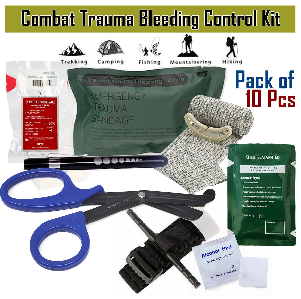 First Aid Kit with Trauma Supplies, Compression Bandages, Chest Seal & Gauze - 10 Pieces