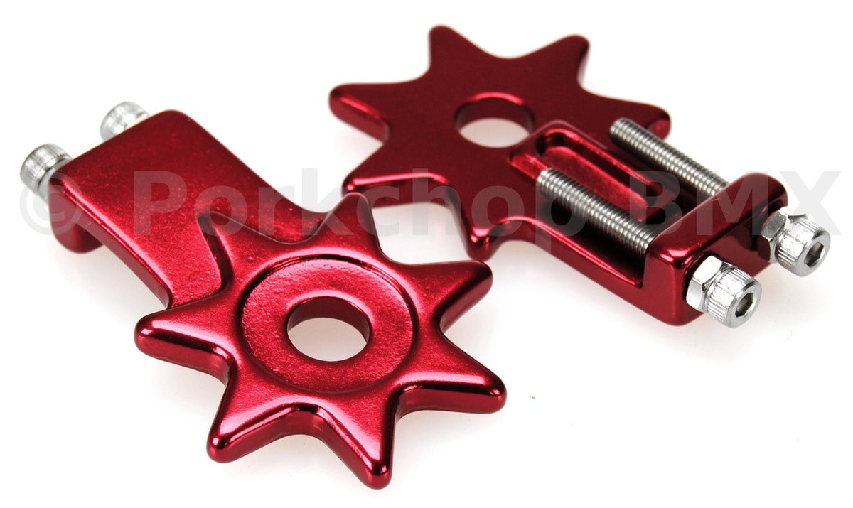 BMX Bicycle Star Spur Chain Tensioners - Aluminum Alloy for 3/8" Axles, Red