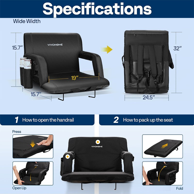 2 Pack Adjustable Reclining Stadium Seats with Back Support & Cup Holders