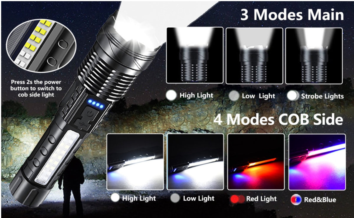 Super Bright Rechargeable LED Flashlight 90,000 Lumens, 7 Modes, Waterproof - 2 Pack