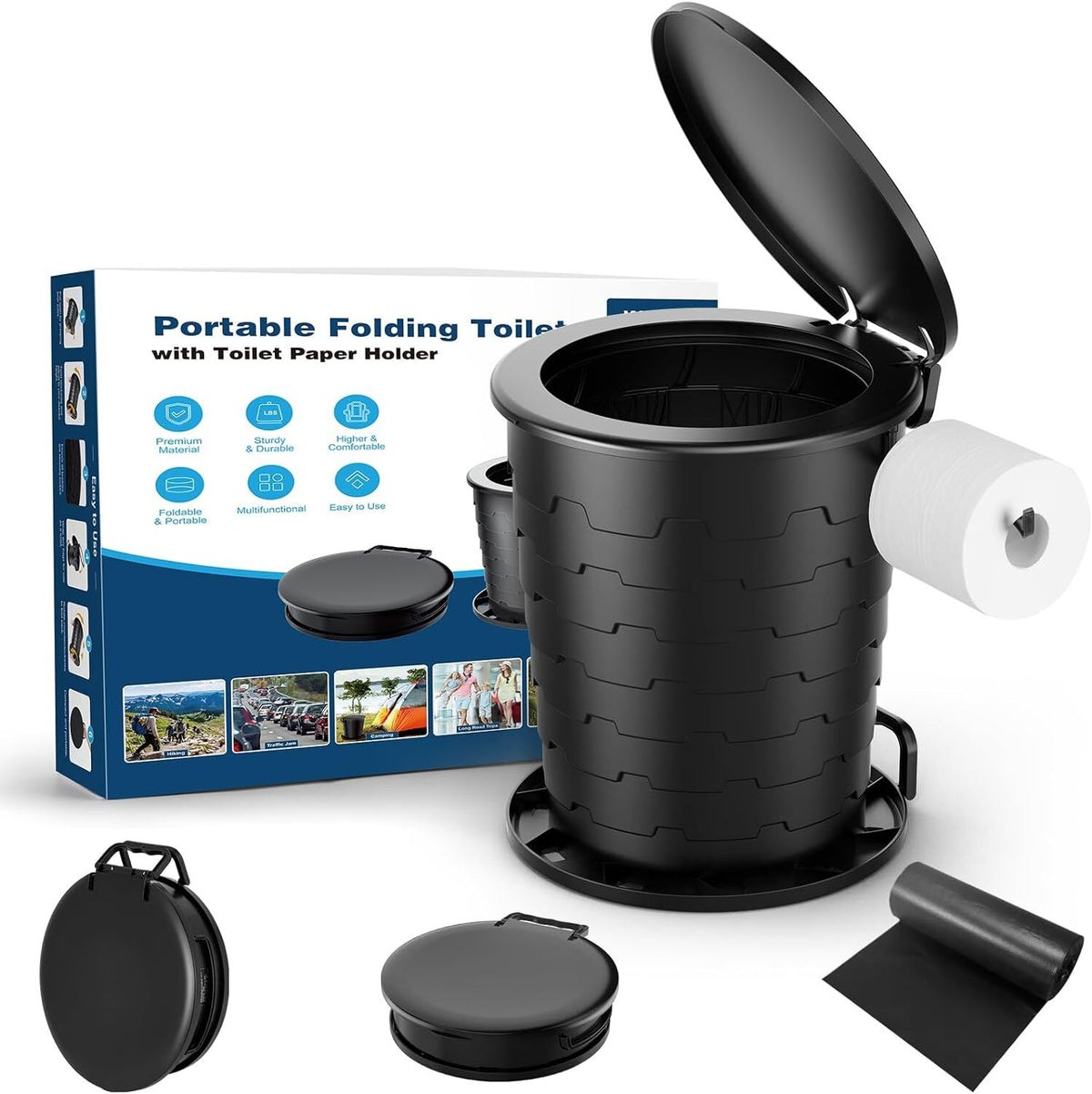 Portable Toilet for Camping with Retractable Design, Paper Holder & Lid