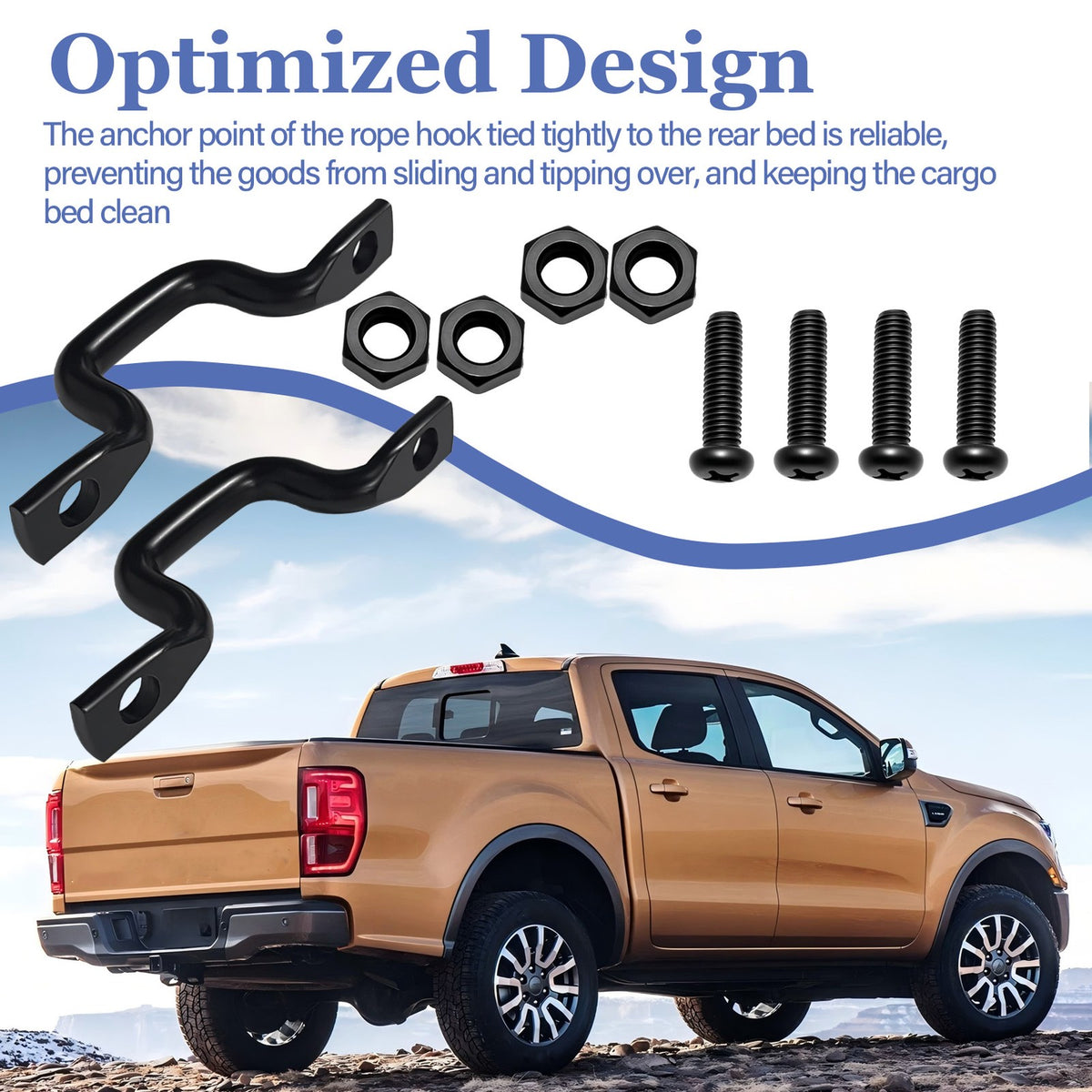 2PCS Rear Bed Tie Down Rope Hooks for Ford Ranger 2019-2023 - Steel Bolt-On
