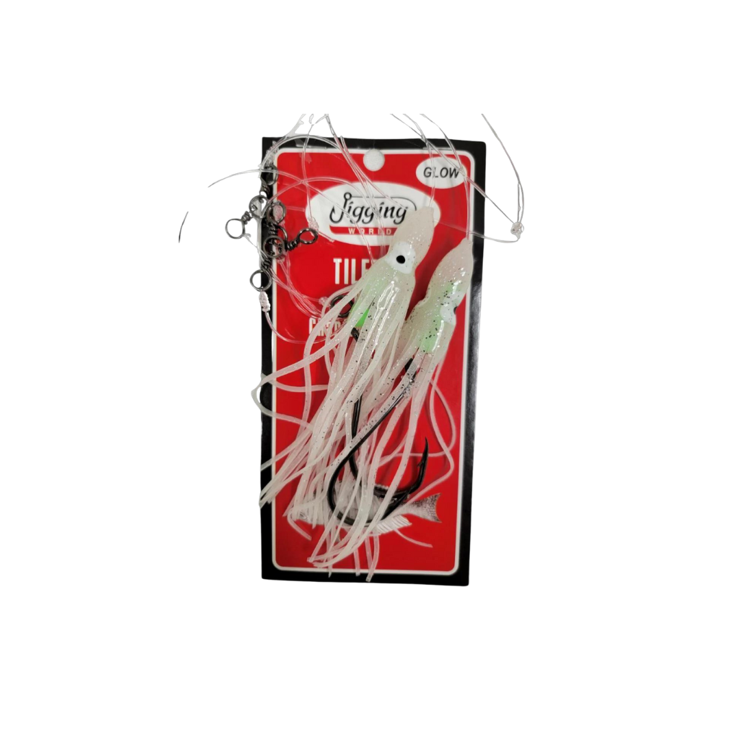 Deepwater Jigging Fish Rig with Glow Squid Skirt - Heavy-Duty Tilefish Hi-Lo Rig