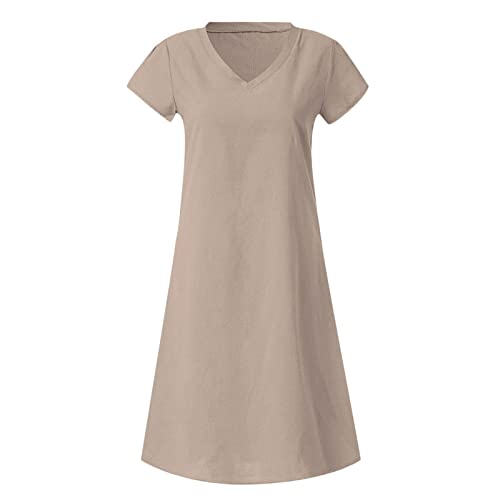 Generic Lightening Deals Women's Cotton Linen Knee Length Dress V Neck Short Sleeve Causal Loose Tshirt Dresses Summer Loose Shift Tunic Dress Robe Ceremonie Femme Khaki, 3X-Large