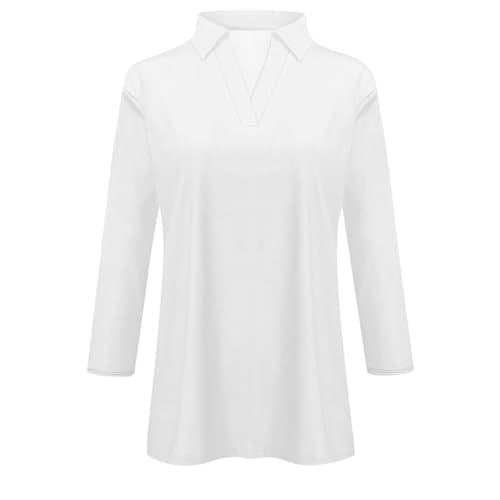 Summer Tops for Women 2024,Polo Shirts for Women 3/4 Sleeve V Neck Polo Plain Business Fashion Cotton Casual Loose Fit Blouse Outfits for Women Elbow Length Tee Shirts Dressy (White,XX)