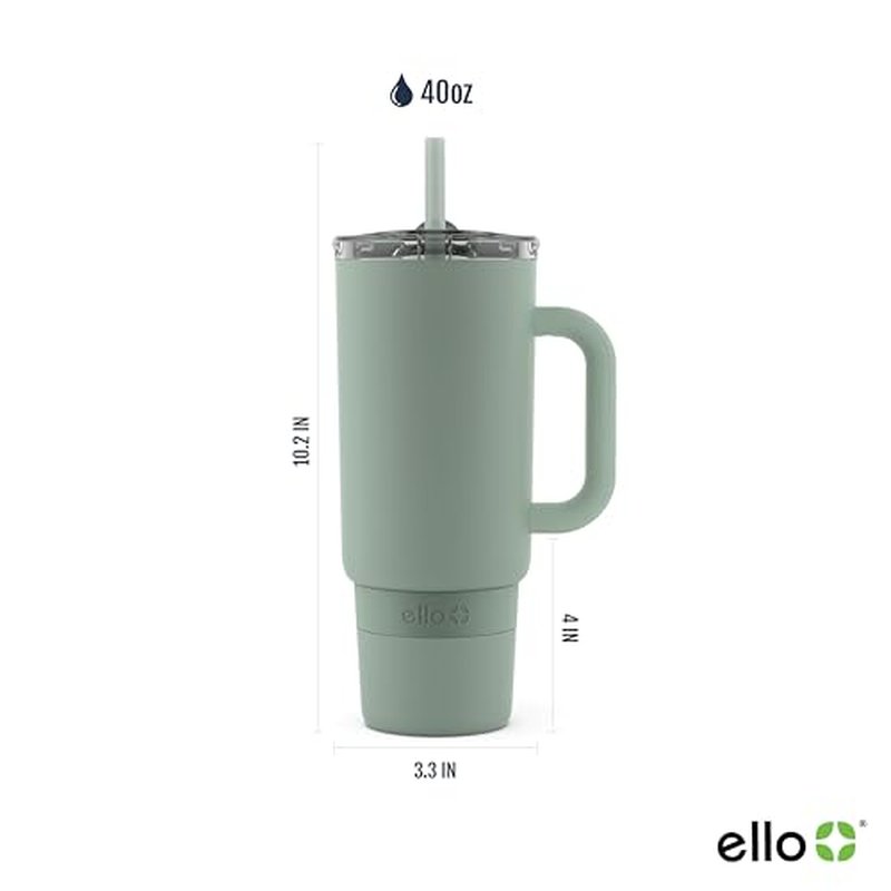 Ello Port 40oz Tumbler with Carry Loop & Integrated Handle, Vacuum Insulated Stainless Steel Reusable Water Bottle, Travel Mug with Leak Proof Lid & Straw, Perfect for Iced Coffee & Tea, Matcha