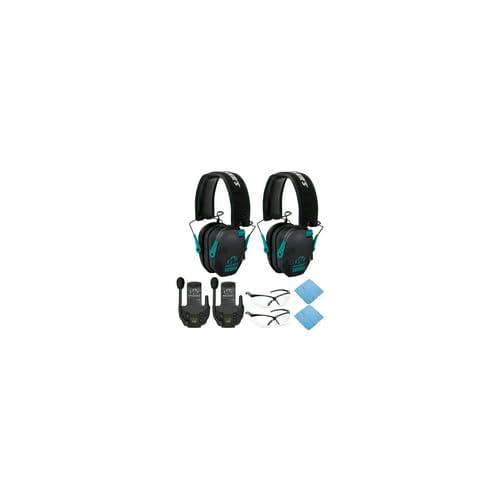 Walker's Razor Slim Electronic Muff (Black/Teal, 2-Pack) Bundle with Walkie-Talkie (2-Pack), Shooting Glasses (2-Pack) and Cleaning Cloth (2-Pack) (8 Items)