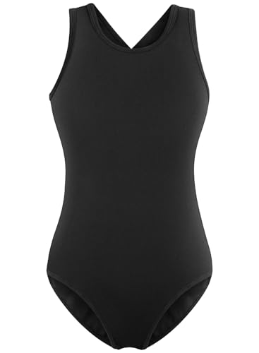 XiaoMoSha Girls Gymnastics Leotard Solid Black 11-12 Years Hollow Back Tank Bodysuit