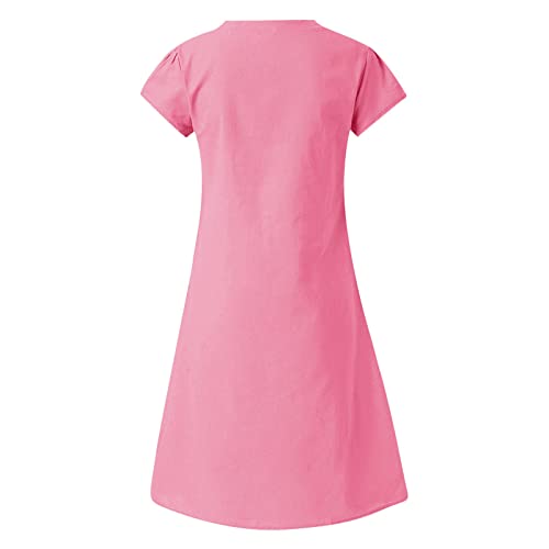 Generic Overstock Deals Women's Cotton Linen Knee Length Dress V Neck Short Sleeve Causal Loose Tshirt Dresses Summer Loose Shift Tunic Dress Robe Longue Femme ETE Pink, 3X-Large