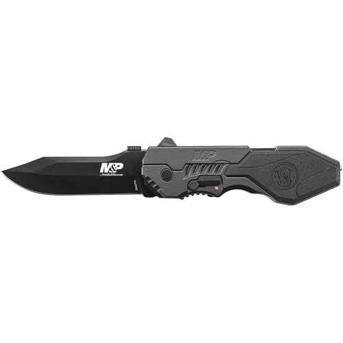 Smith & Wesson Large M.A.G.I.C. Assisted Opening Liner Lock Folding 3.6' Serrated Edge Clip Point 4034 Stainless Steel Blade with Aluminum and Rubber Handle Clam Pack,Grey