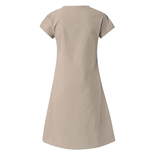 Generic Lightening Deals Women's Cotton Linen Knee Length Dress V Neck Short Sleeve Causal Loose Tshirt Dresses Summer Loose Shift Tunic Dress Robe Ceremonie Femme Khaki, 3X-Large