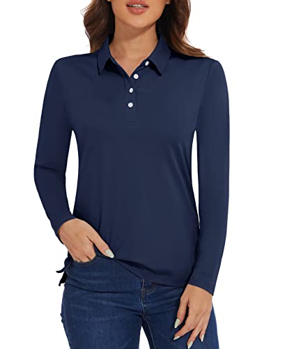 MAGCOMSEN Women's SPF Shirts for Women Long Sleeve Polo Collared Shirts Tennis T-Shirts Lightweight V-Neck Solid Tee Shirts Navy,M