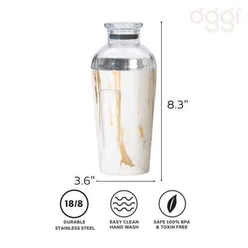 OGGI Groove Insulated Cocktail Shaker-17oz Double Wall Vacuum Insulated Stainless Steel, Tritan Lid has Built In Strainer, Ideal Cocktail Mixer, Martini Shaker, Margarita Shaker, Gold Marble