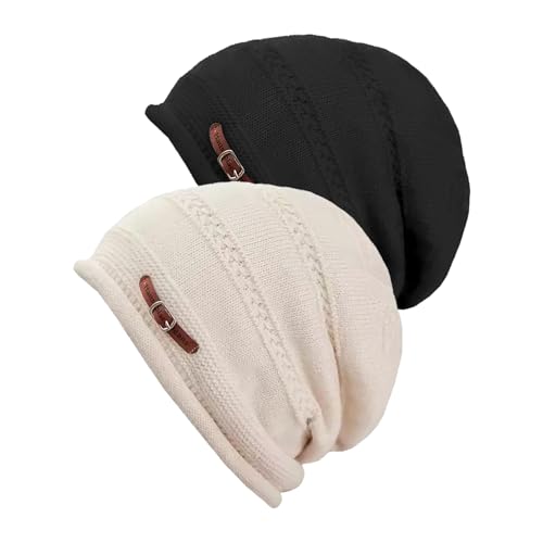 AZJ Women Fleece Slouchy Beanies Winter Oversized Knit Warm Hats Stretch Skull Cap, Black and Beige