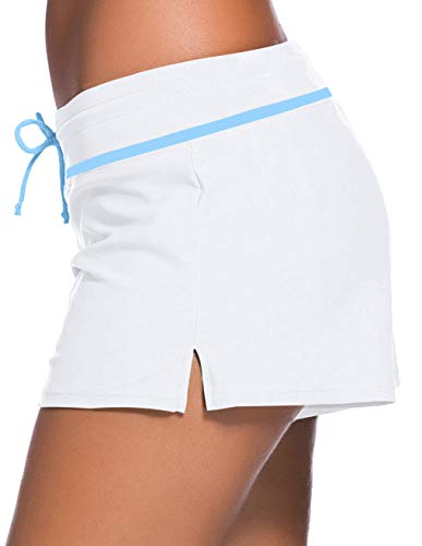 ChinFun Board Shorts Women's Swimswear Tankini Swim Briefs Side Split Swimsuit Bottom Waistband Stretch Boardshorts Beach Trunks Inner Lining White & Sky Blue Size L