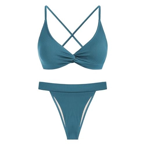 ZAFUL Women Bikini Sets Criss Cross Back Bathing Suit Knot Front Two Piece Swimwear Thong Cheeky Swimsuit Set