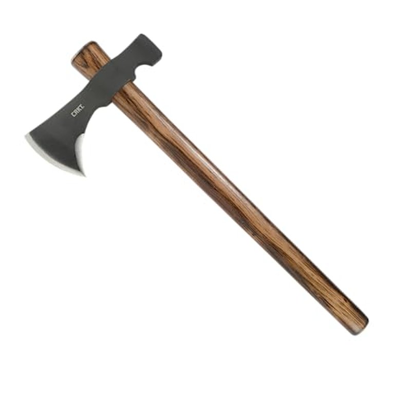 CRKT Black Woods Chogan Tomahawk Axe: RMJ T-Hawk Lightweight Outdoor Camping Axe with Hammerhead, Forged Carbon Steel Blade, Hickory Wooden Handle, Includes Sheath 2730KS