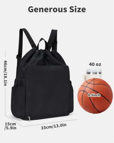 GreenTaya Black Drawstring Backpack with Shoe & Wet Compartments, Cup & Ball Holders