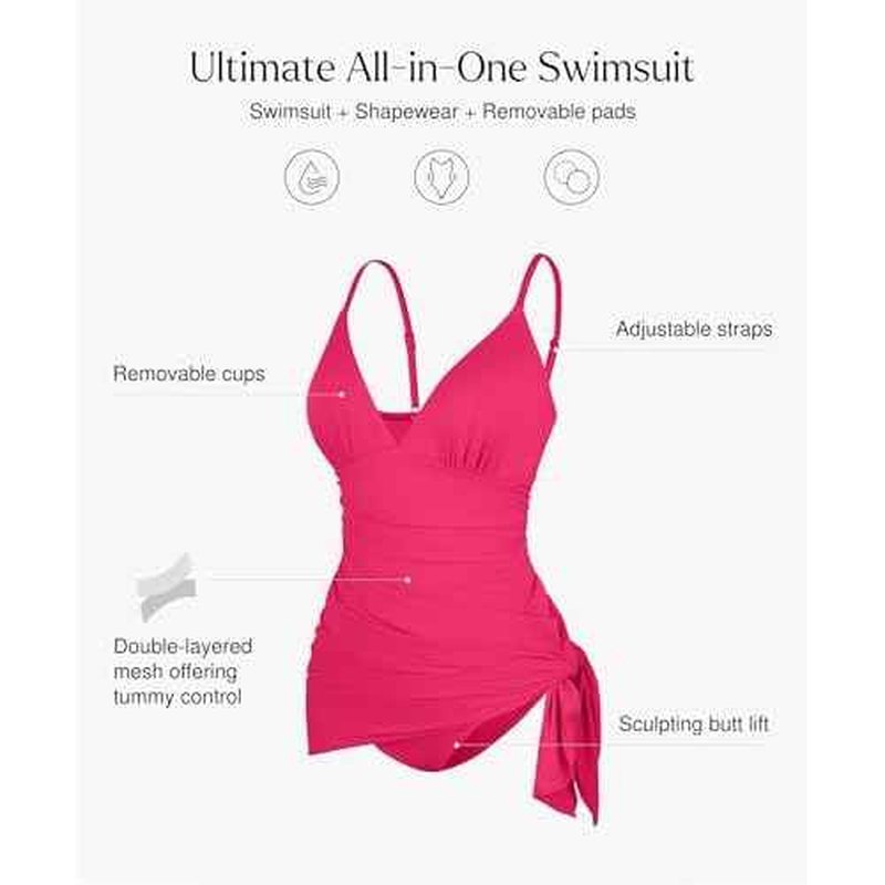 Popilush One Piece Swim Dress Tummy Control Swimsuits for Women Ruched Shapewear Split Bathing Suit