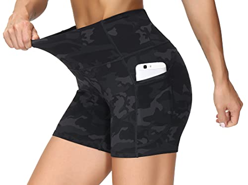 THE GYM PEOPLE High Waist Yoga Shorts for Women Tummy Control Fitness Athletic Workout Running Shorts with Deep Pockets (Large, Black Camo)