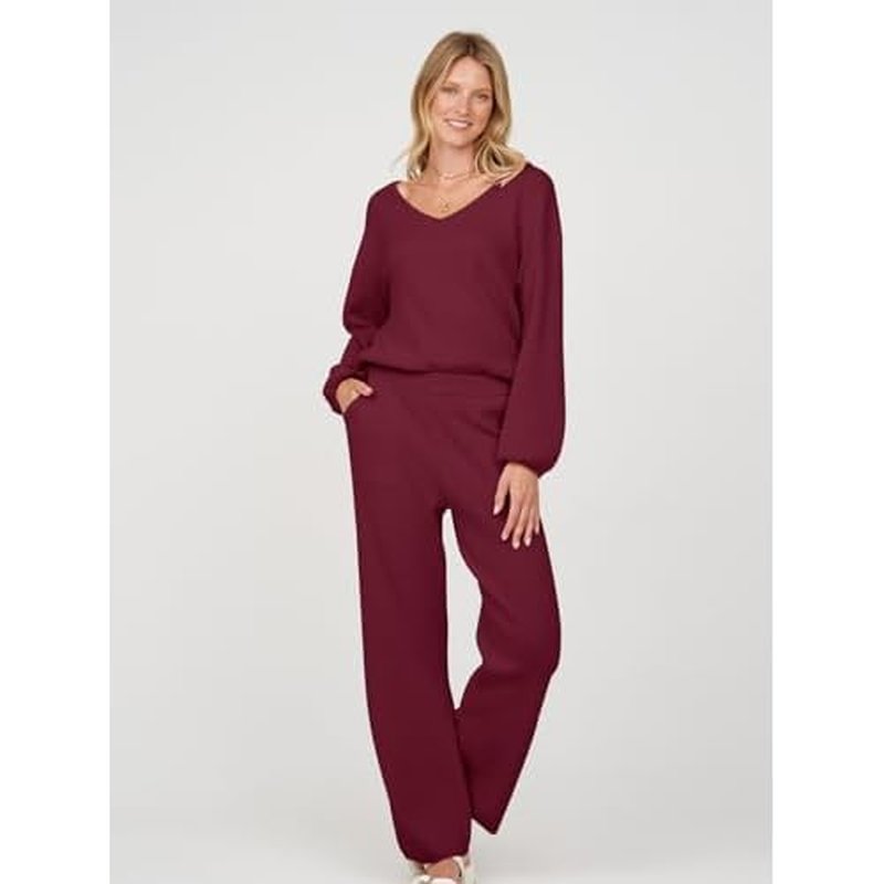 MEROKEETY Women's 2 Piece Outfits Lounge Sets Fall Winter Long Sleeve Knit Sweater Wide Leg Pant Matching Set