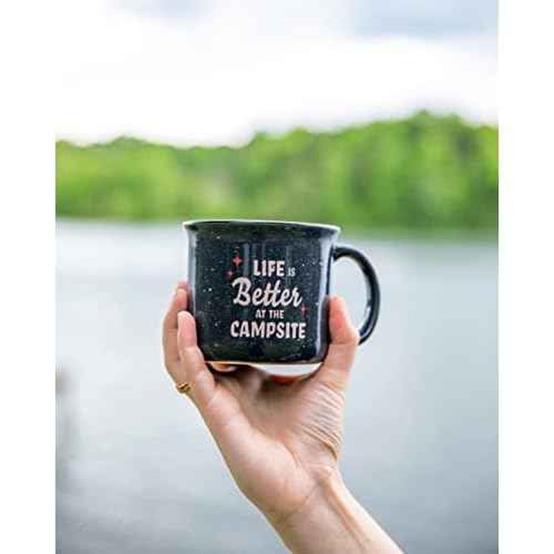 Camco Life is Better at The Campsite Ceramic Coffee Mug - Microwave and Dishwasher Safe - Features Speckled Blue Background with Life is Better at the Campsite Design - Coffee Cup Holds 14oz. (53473)