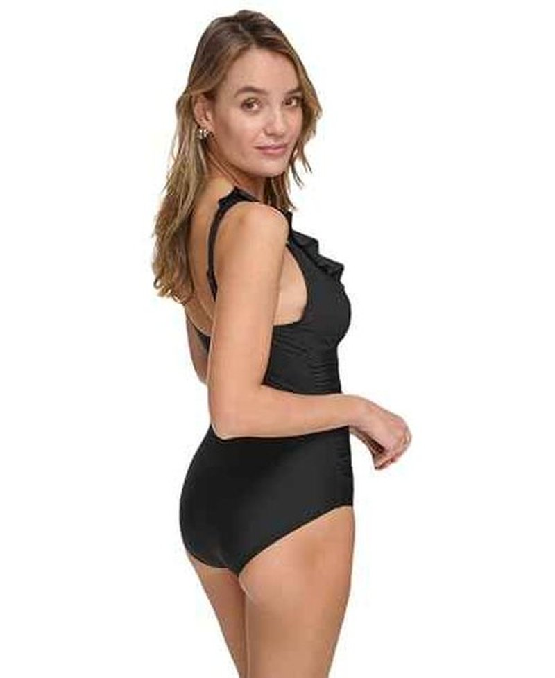 DKNY Women's Ruffle V-Neck One Piece Swimsuit with Tummy Control, Black, X-Small