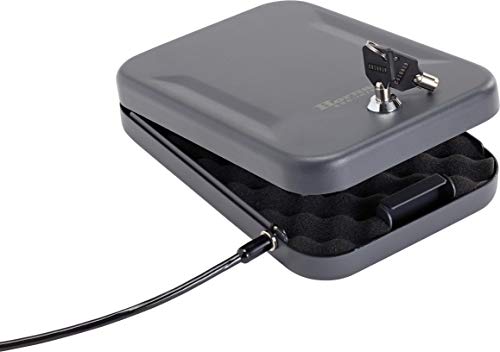 Hornady Portable Lock Box for Guns and Valuables - Includes 2 Keys and 4 Foot Steel Cable - Thick 16 Gauge Steel - An Ideal Portable Car Lock Box or Truck Safe - Large, Black, 9.5 x 6.5 x 1.75 Inches