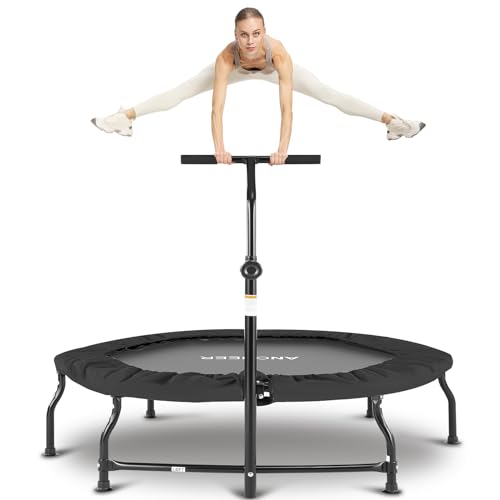 ANCHEER 40" Foldable Mini Trampoline Max Load 450lbs, Fitness Trampoline with Bungees, Adjustable Foam Handle, Indoor Exercise Trampoline for Adults Inoor/Garden Workout (Black 50'')