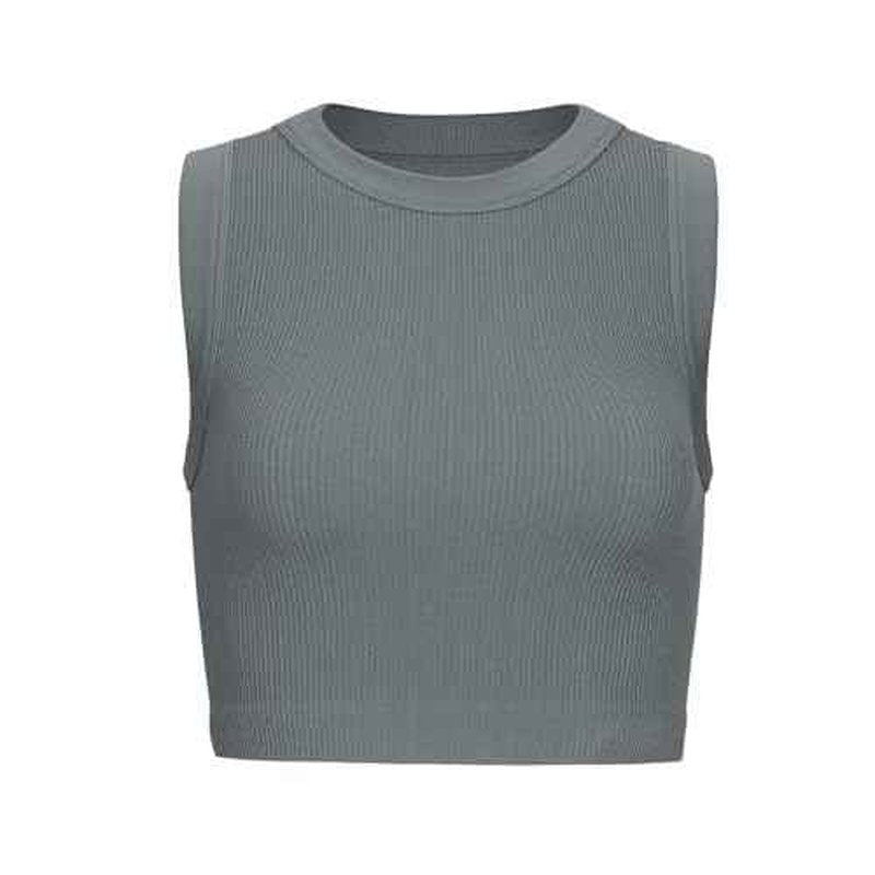 AUROLA Essentials Rib Seamless Sleeveless Tank for Women Subtle Logo Round Neck Active Workout Crop Tops