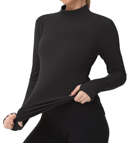 Dragon Fit Womens Slim Fit Mock Turtleneck Shirts Long Sleeve Base Layer Thermal Underwear Tops with Thumbhole Black