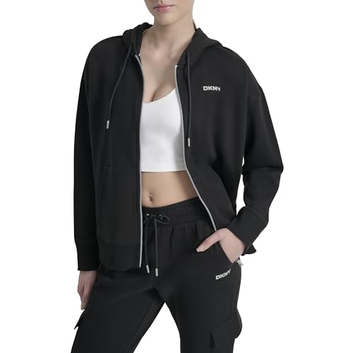 DKNY Women's Mini Stud Logo Full Zip Hoodie Sweatshirt