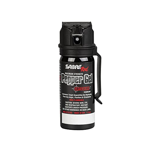 SABRE Crossfire Pepper Gel for Self Defense, Deploys At Any Angle, Maximizes Target Acquisition Against Threats, Easy Carry Belt Clip, Safety Flip Top, Max Police Strength Pepper Spray, 1.5 fl oz