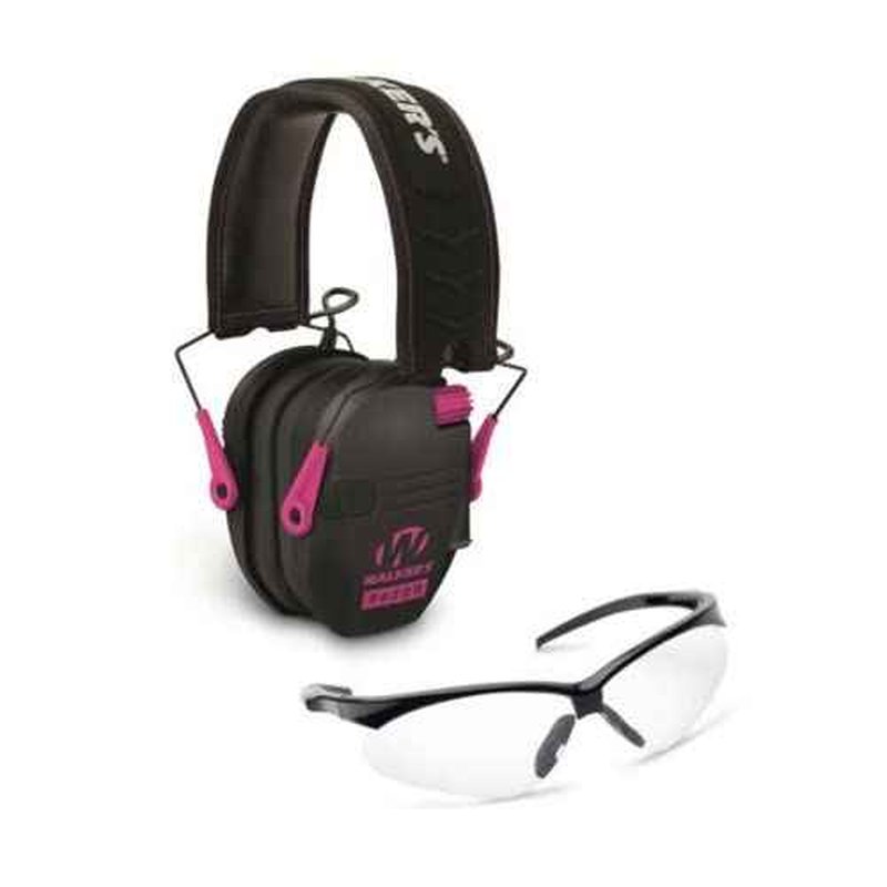 Walker's Razor Slim Electronic Hearing Protection Muffs with Sound Amplification and Suppression and Shooting Glasses Kit, Black/Pink