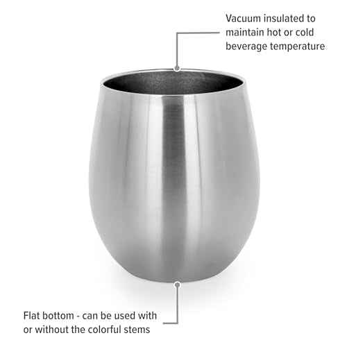Camco Life is Better at The Campsite Stainless Steel Wine Tumbler 4-Pack - Features Heavy Duty Double Wall Vacuum Insulation & Removable Navy, Red, Green & Yellow Stems - Holds 8-oz Each (53465)