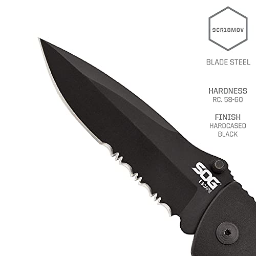 SOG Escape Tactical Folding Knife- 3.4 Inch Serrated Edge Blade Emergency Pocket Knife with Glass Breaker, Wire Stripper and Line Cutter Blades-Black (FF25-CP)