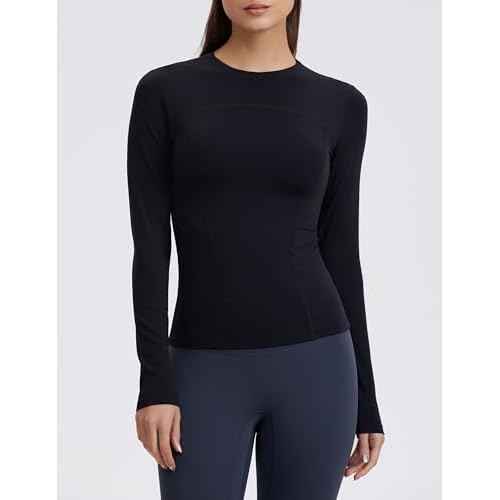 Womens Yoga Tops Long Sleeve Tight Workout Shirts Slim Fit Stretch Cream Feeling Gym Athletic Tee Crewneck