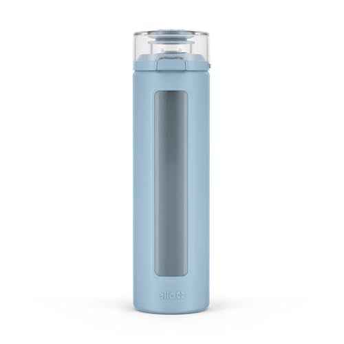 Ello Syndicate 20oz Reusable Glass Water Bottle with One-Touch Leak Proof Flip Lid, Protective Non-Slip Silicone Sleeve, Carry Loop for Coffee, Tea and Water, BPA-free, Dishwasher Safe, Tech Blue