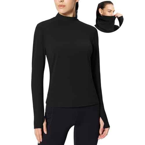 baleaf Women's Thermal Long Sleeve Shirts Fleece Mock Neck Top Warm Undershirts with Detachable Neck Gaiter Thumbholes