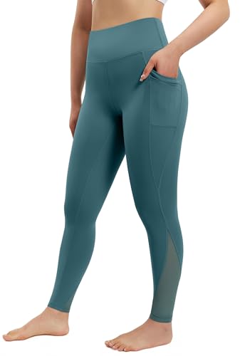 AFITNE Yoga Pants for Women High Waisted Mesh Leggings Athletic Workout Leggings with Pockets Gym Running Fitness Leggings Blue Green - M