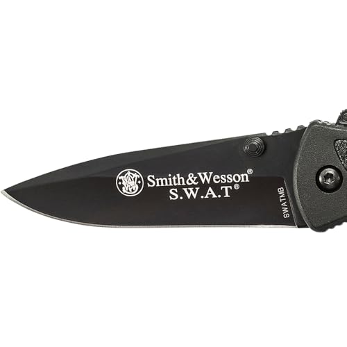 Smith & Wesson SWATMB 7.5in High Carbon Stainless Steel Assisted Opening Knife with 3.2in Drop Point Blade and Aluminum Handle for Outdoor, Tactical, Survival and EDC, Black