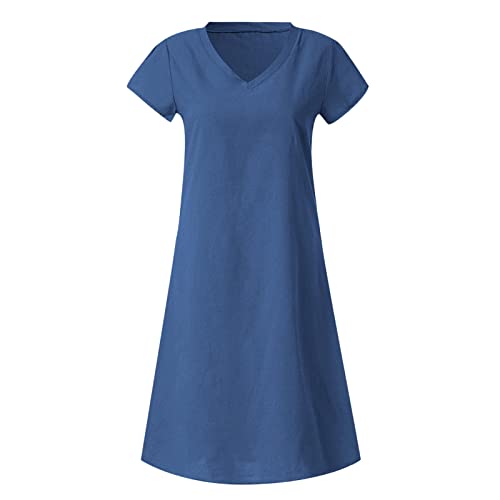 Generic Prime of Day Deals Today 2024 Clearance Women's Cotton Linen Knee Length Dress V Neck Short Sleeve Causal Loose Tshirt Dresses Summer Loose Shift Tunic Dress Vestido Verano Mujer Blue