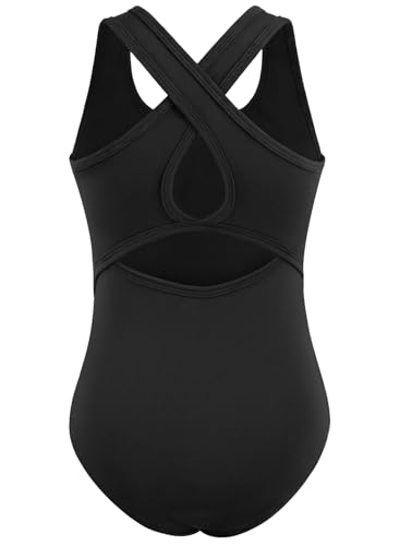 XiaoMoSha Girls Gymnastics Leotard Solid Black 11-12 Years Hollow Back Tank Bodysuit