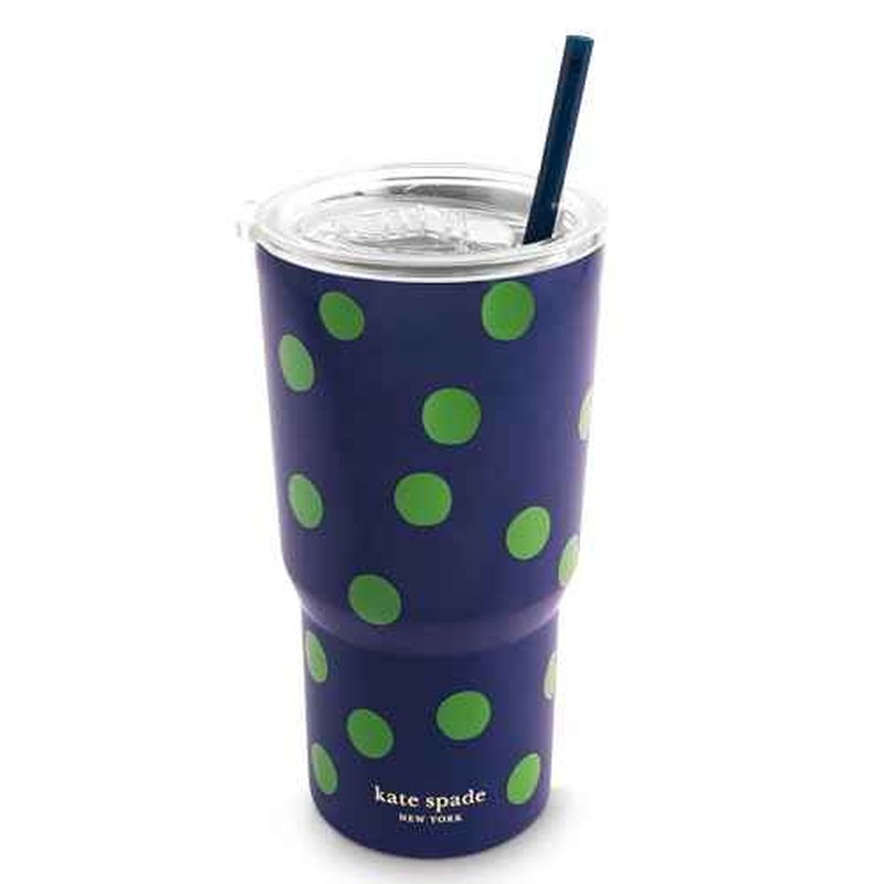 kate spade new york 20 Ounce Insulated Tumbler for Cold and Hot Drinks with Reusable Straw, Stainless Steel Travel Cup with Slide Top Lid, Sonnet Dot