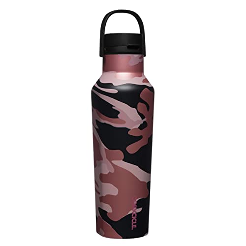 Corkcicle Insulated Canteen Travel Water Bottle, Triple Insulated Stainless Steel, Easy Grip Straw Mouth, Keeps Beverages Cold for 25 Hours or Warm for 12 Hours, 20oz, Rose Camo