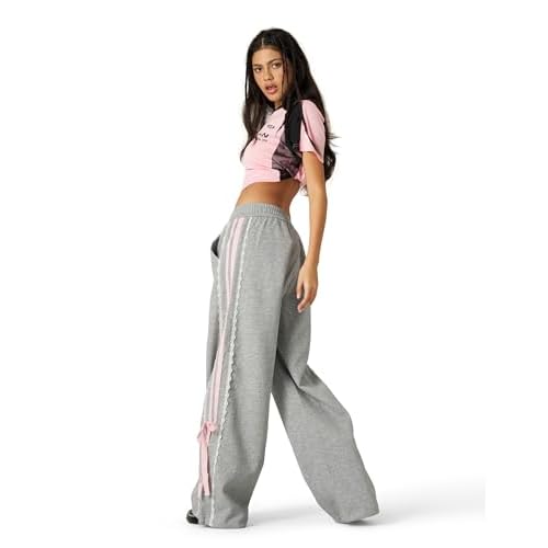 Aelfric Eden Lace Stripe Patchwork Sweatpants Casual Baggy Pant for Women Wide Leg Elastic Drawstring Trousers