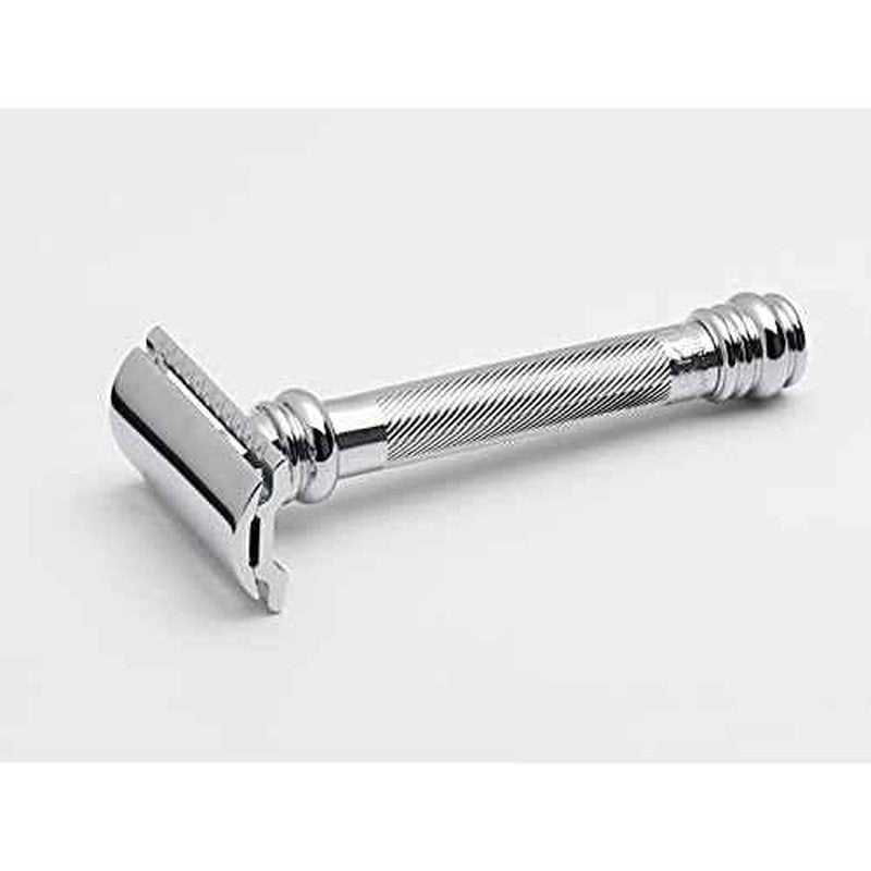 MERKUR 38C Double Edge Safety Razor - Bright Chrome, Extra Large Barber Pole Grip Brass Handle, Made in Germany, Plastic-Free, Two Piece Design, Closed Comb, Straight Bar