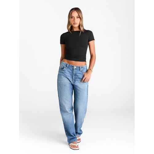 Trendy Queen Womens Boat Neck Tops Short Sleeve T-Shirts Slim Fitted Compression Summer Y2k Basic Clothes 2025