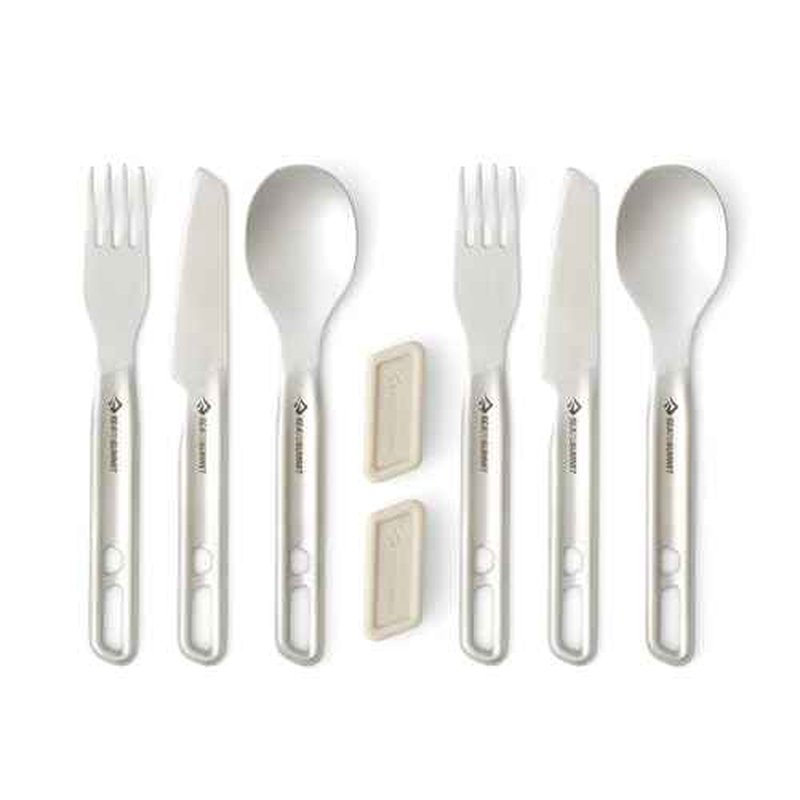 Sea to Summit Detour Stainless Steel Camp Cutlery Set, 2 Person (2 Knives, Forks, Spoons, w/Silicone Keeper)