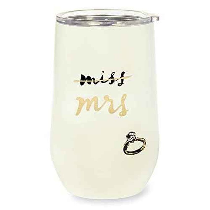 kate spade new york Insulated Bridal Stainless Steel Wine Tumbler, 16 Ounce Double Wall Tumbler for Bride to Be, Stemless Travel Cup with Lid, Miss to Mrs. (White)